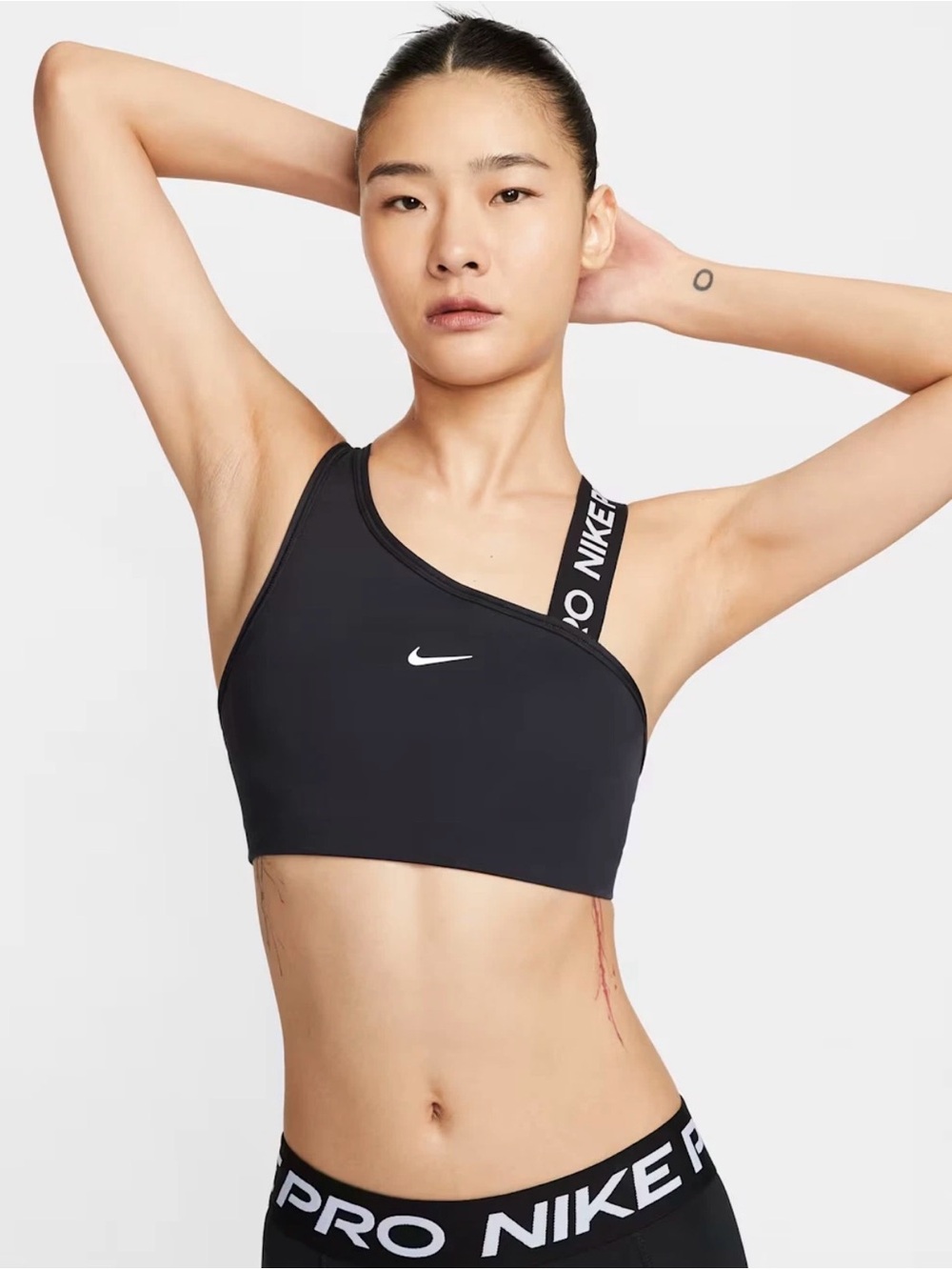 Nike Black Pro Swoosh Asymmetric Padded Sports Bra with Branded Strap Large